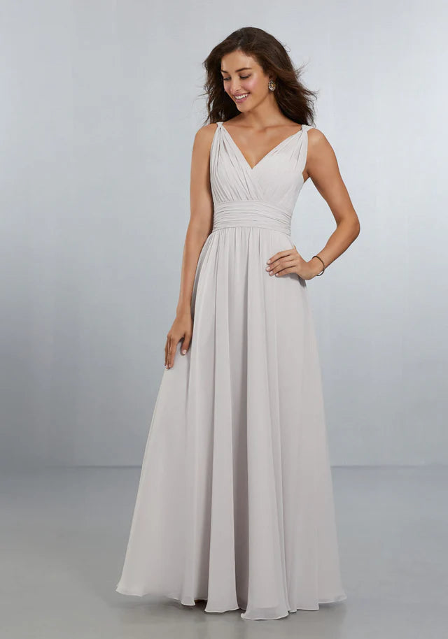 Chiffon v-neck pleated knot strap gown