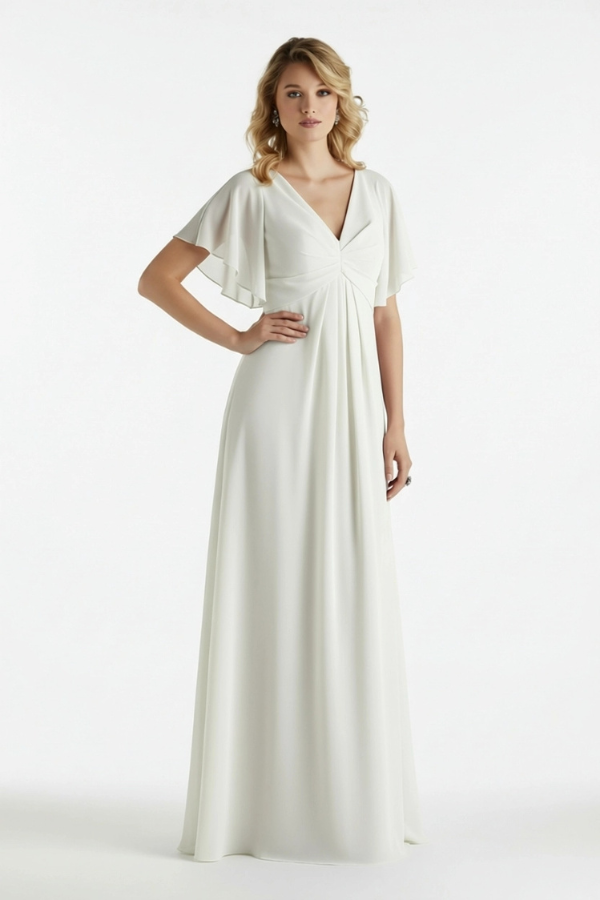 Chiffon Gown with Capelet Style Sleeves and V-Neckline