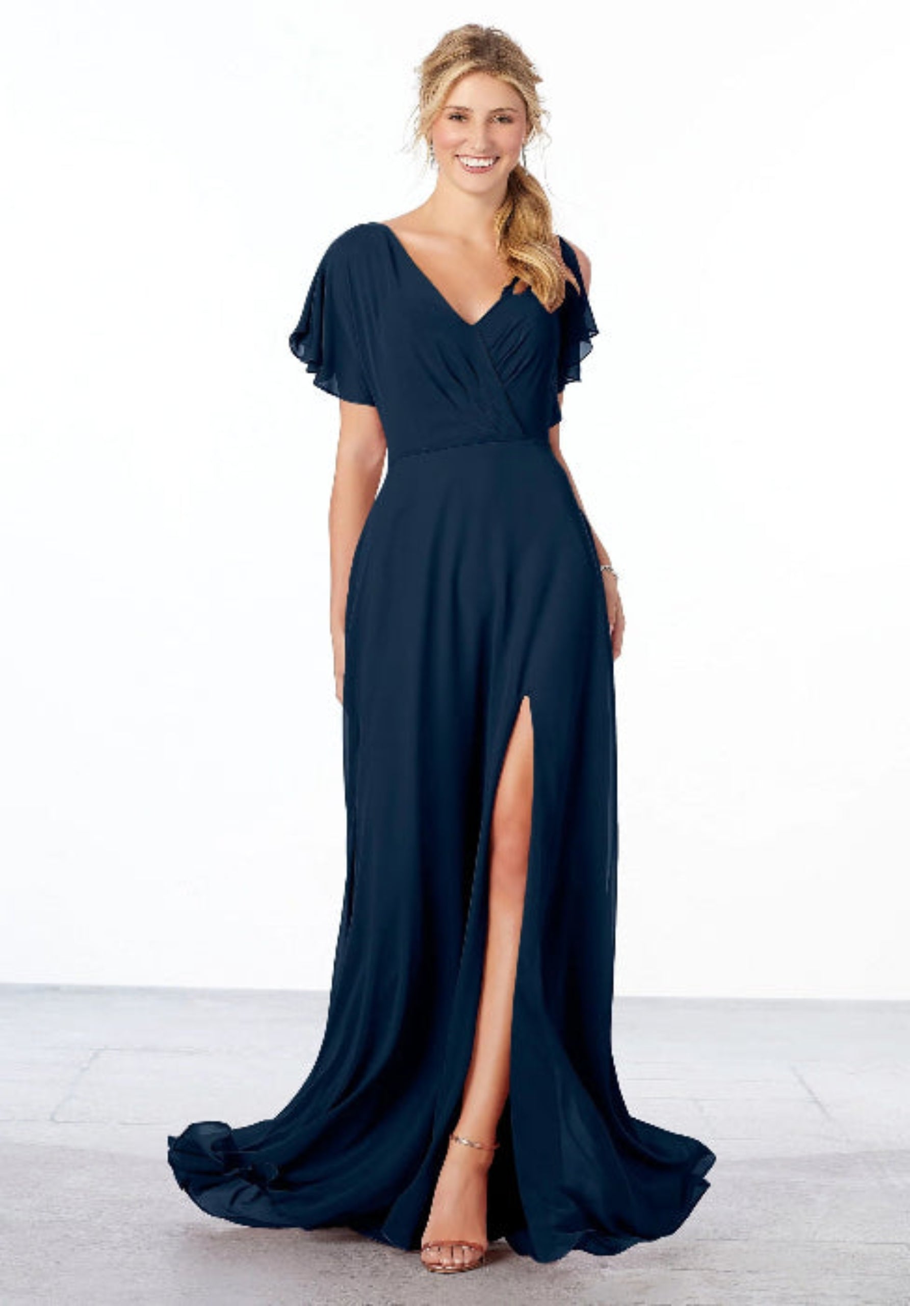 Chiffon Bridesmaid Dress with Flutter Sleeve and Front Slit