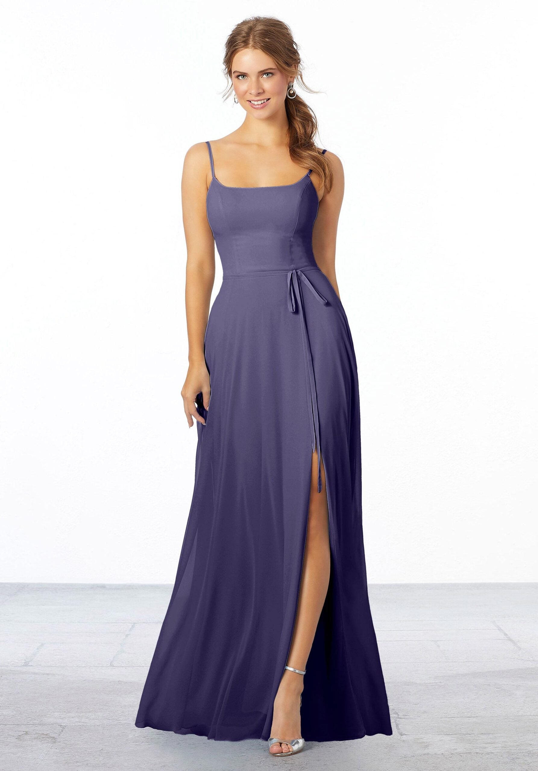 Chiffon scoop neck dress with front split