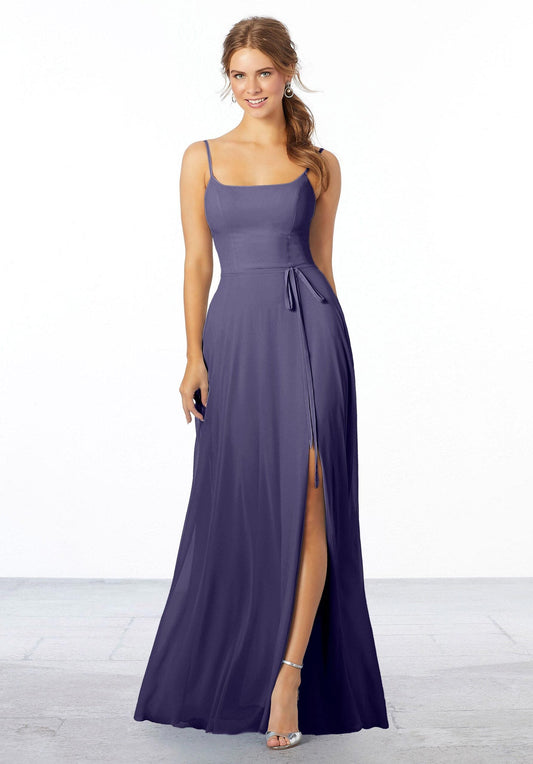 Chiffon scoop neck dress with front split