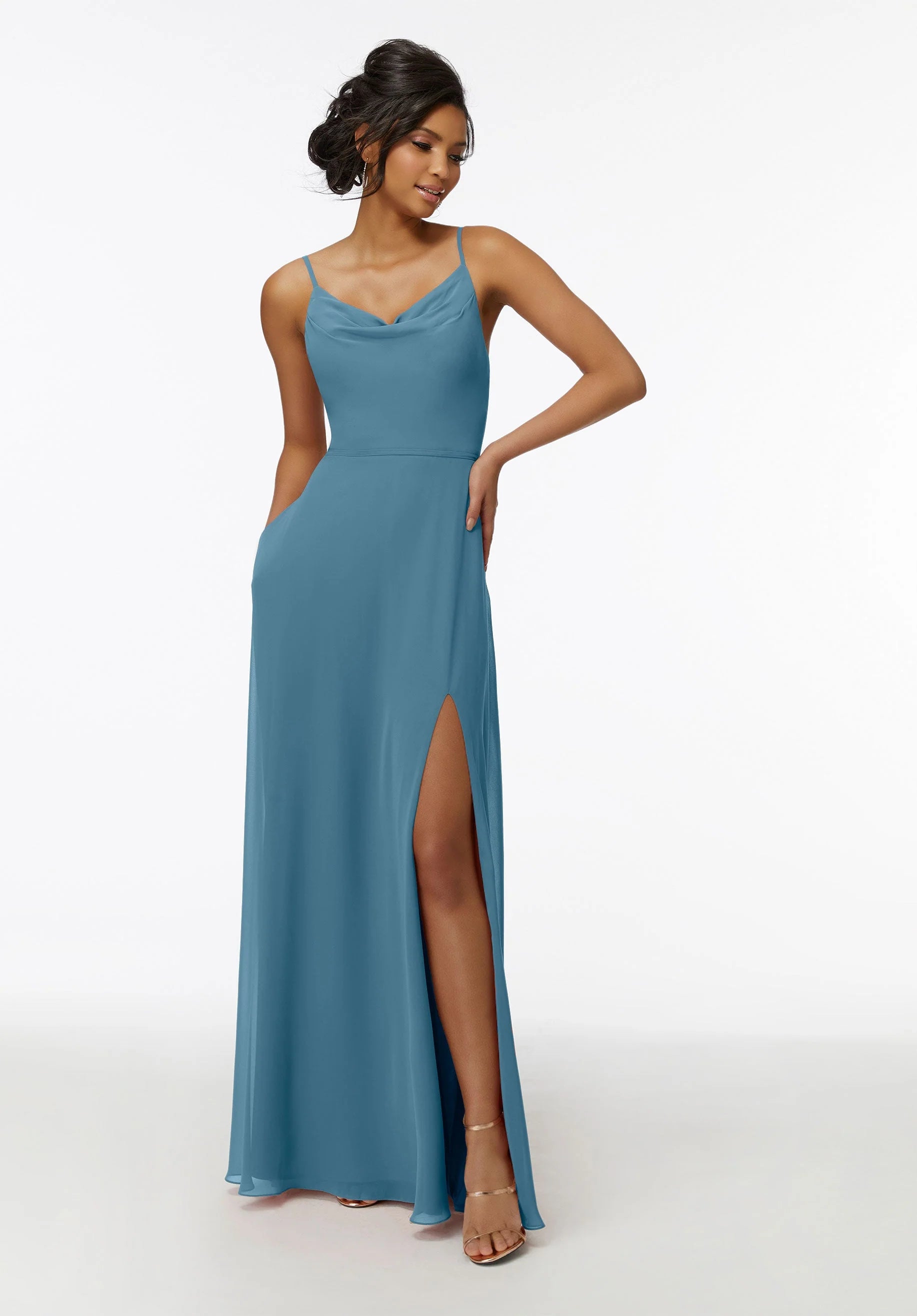 Cowl Neck Chiffon Bridesmaid Dress with Front Slit