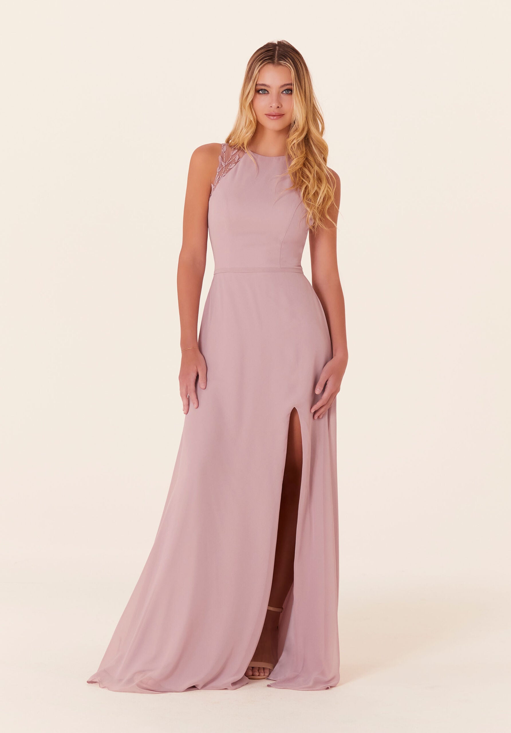 Chiffon Bridesmaid Dress with Leafy Appliqués