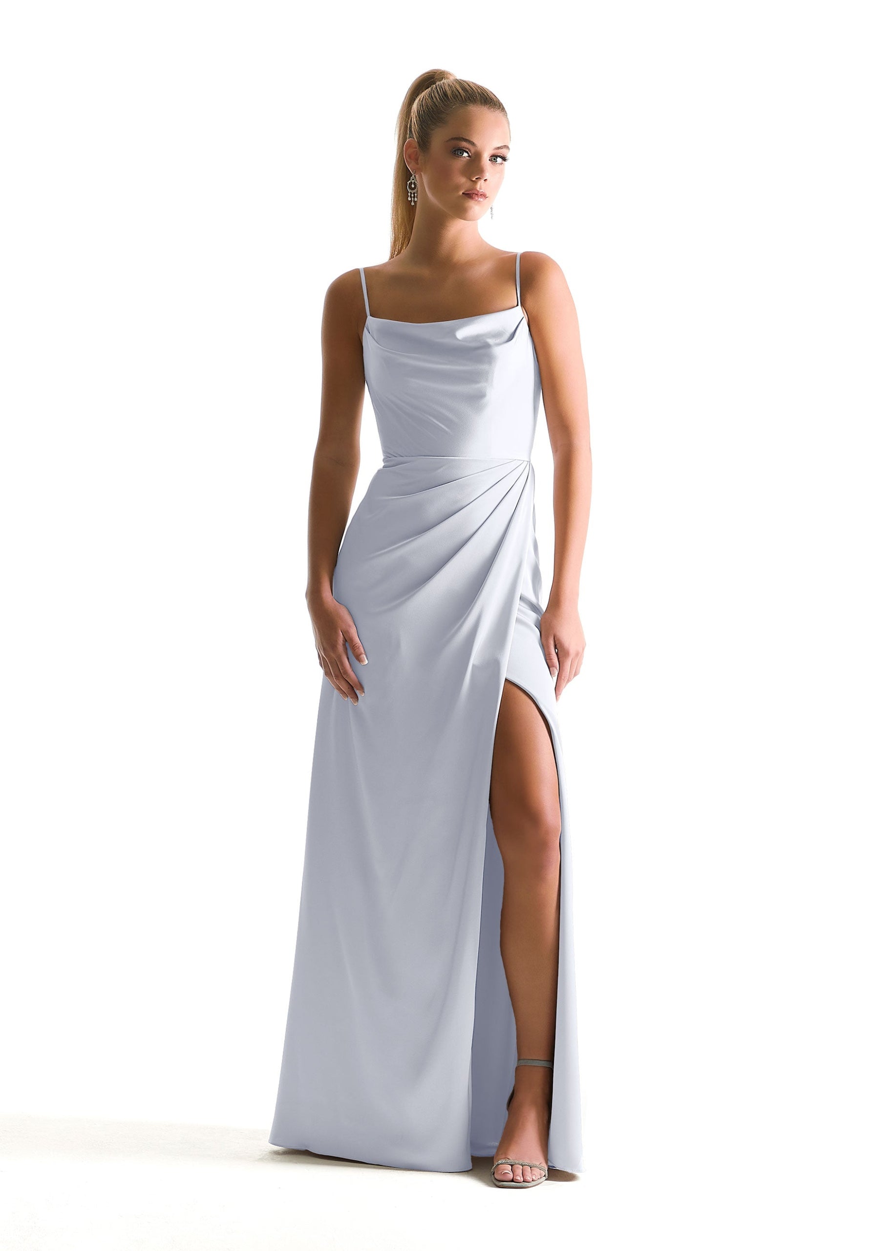 Luxe satin cowl neck dress with front split