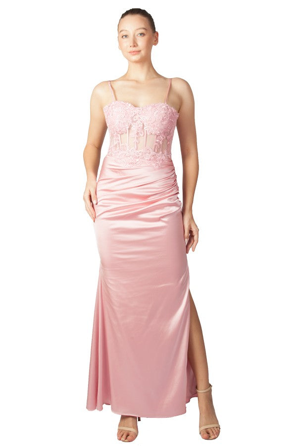 Satin gown with lace appliqué