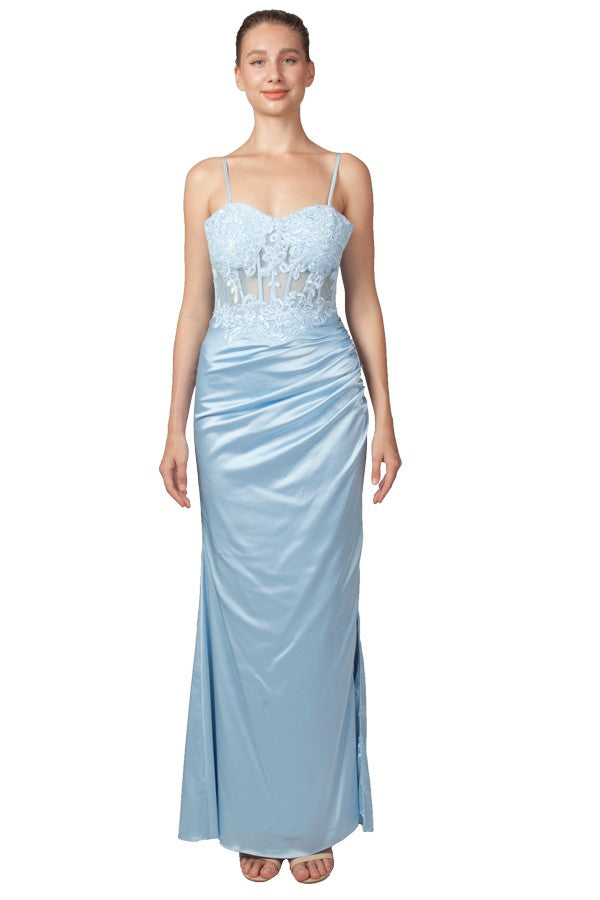 Satin gown with lace appliqué