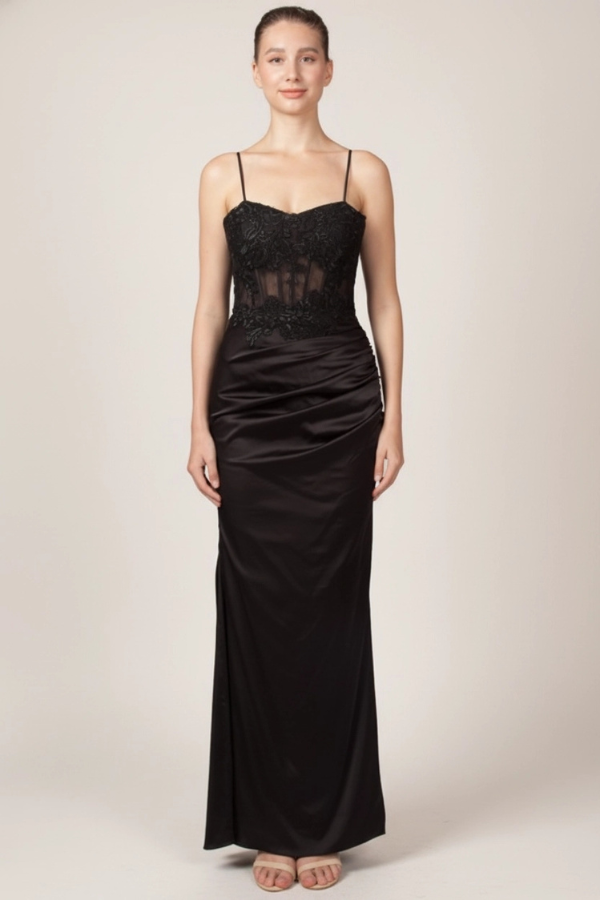 Satin gown with lace appliqué
