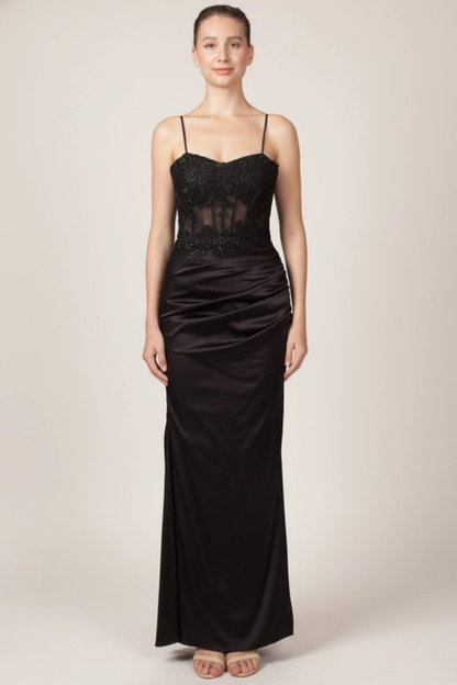 Satin gown with lace appliqué