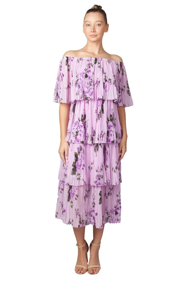 Purple floral print ruffle off shoulder midi