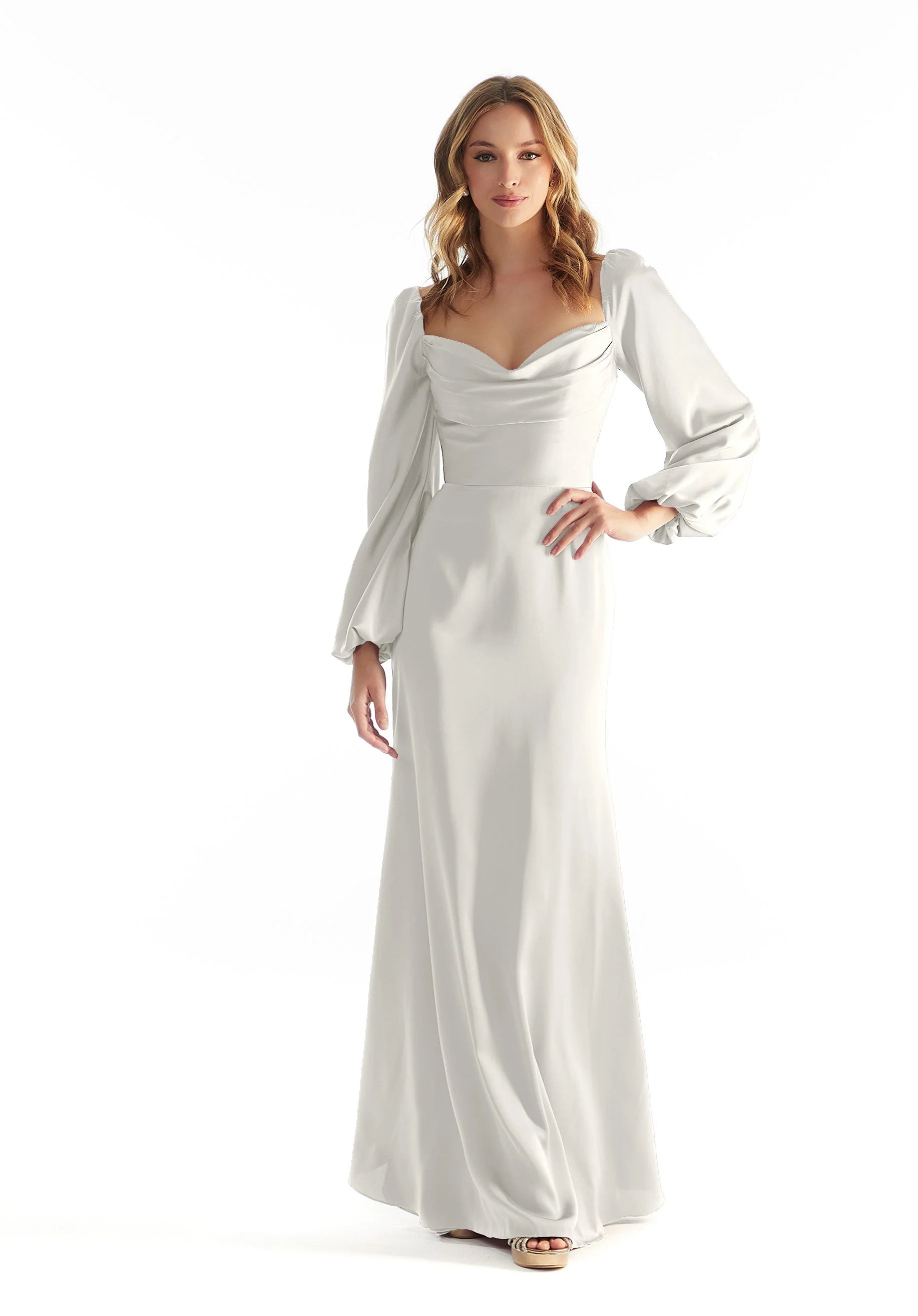 Long sleeve luxe satin gown