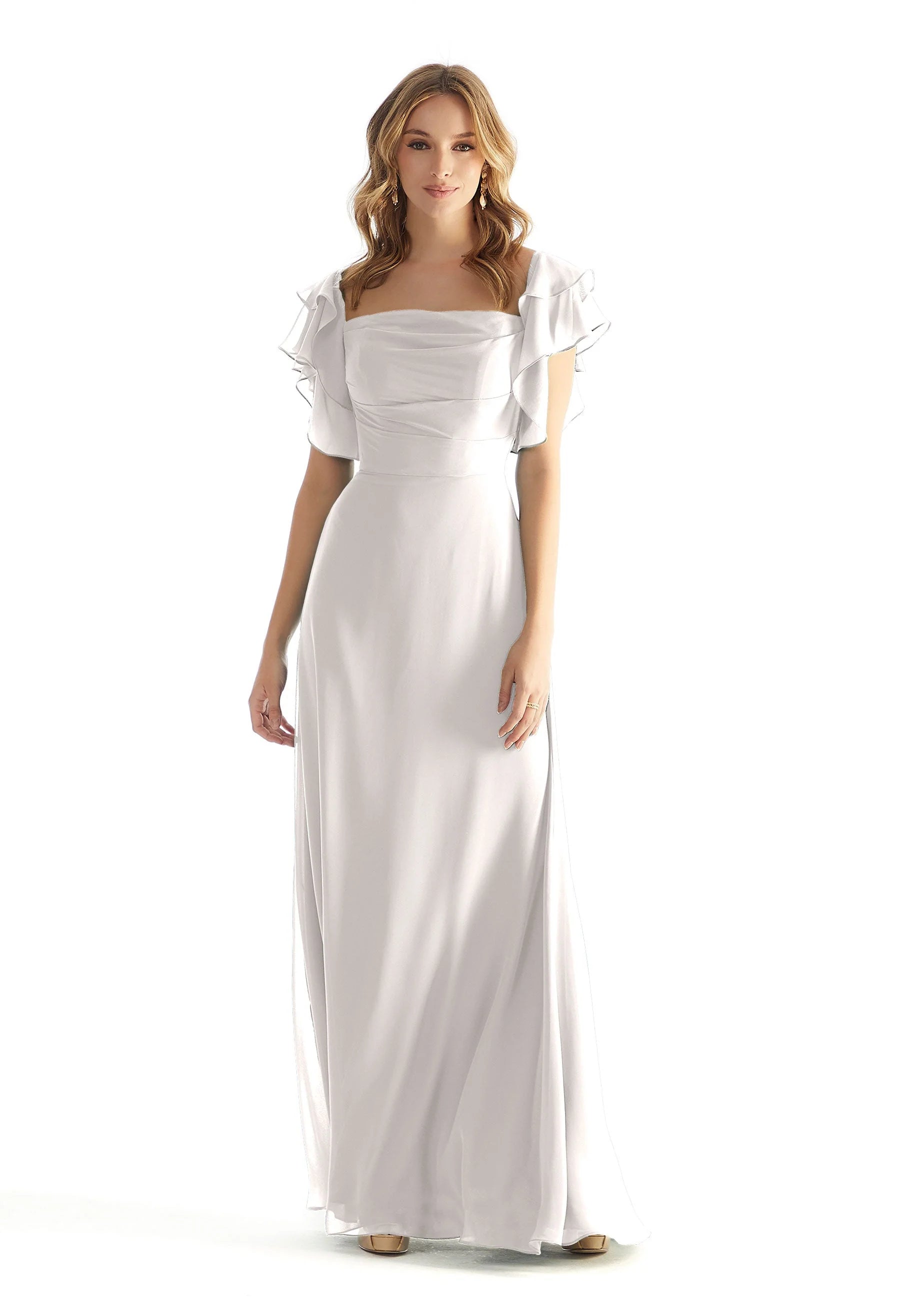Chiffon straight neck with ruffle sleeve dress
