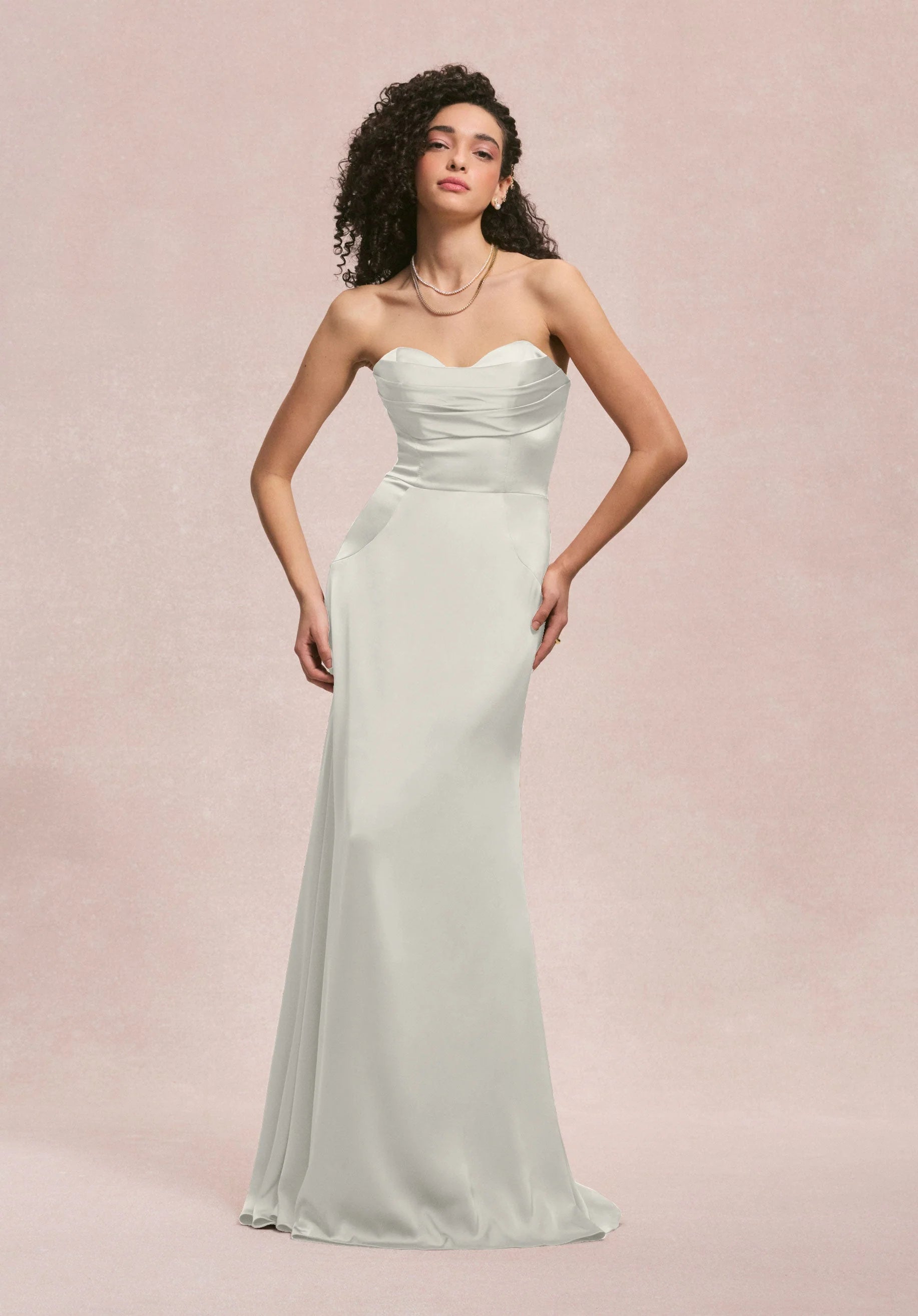 Sweetheart seam draped luxe satin strapless dress