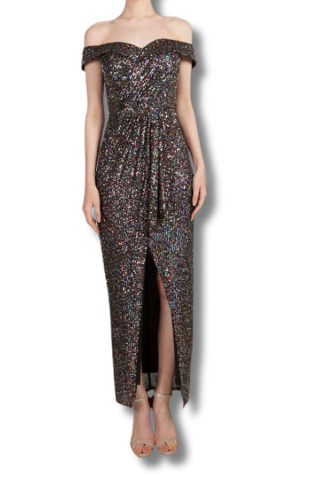 Rainbow sequin off shoulder midi dress