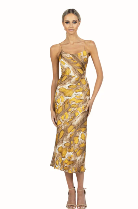 Midi dress with spaghetti straps and lace up back.