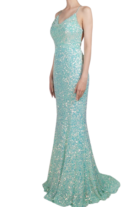 Sequin cowl neck gown