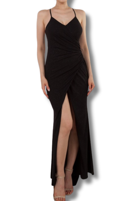Glitter mock wrap V-neck gown