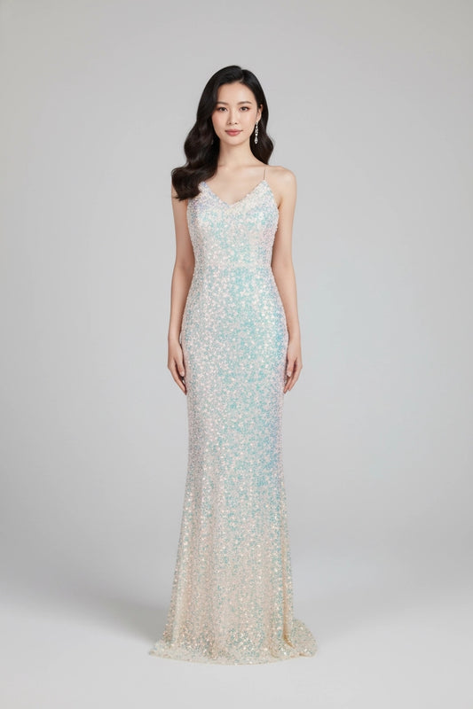 Sequin cowl neck gown