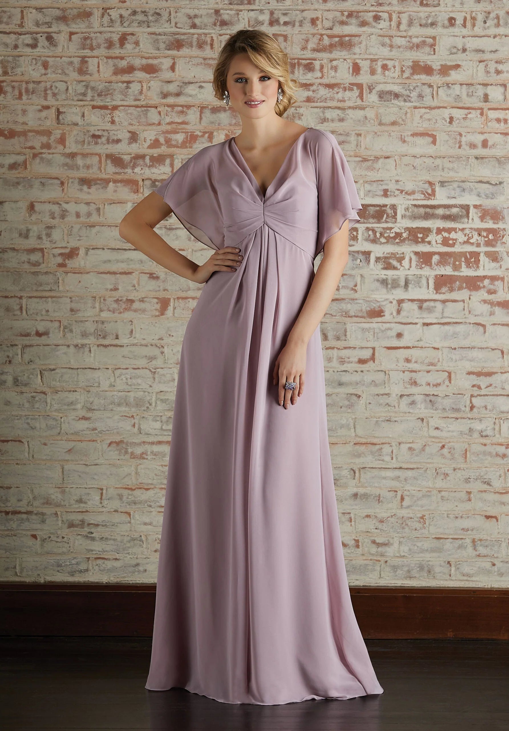 Chiffon Bridesmaid Dress with Capelet Style Sleeves and V-Neckline