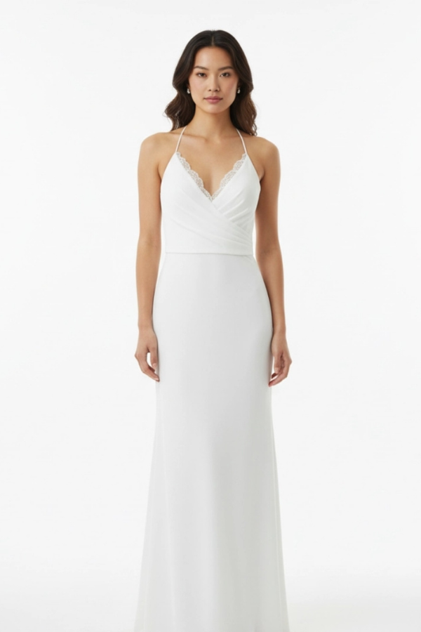 White Lace-Trim V Neck Bridal Gown