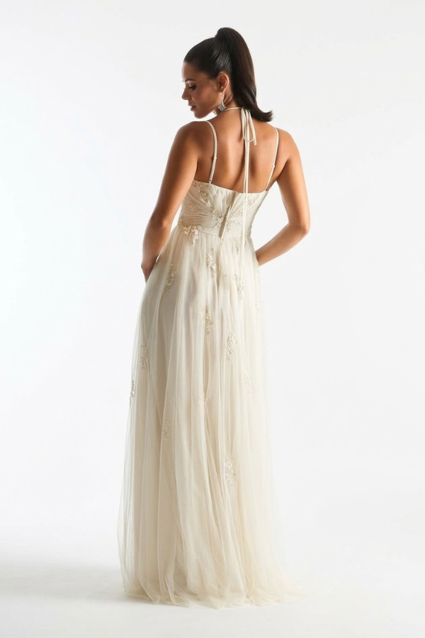 Draped Net Dress with Appliqués