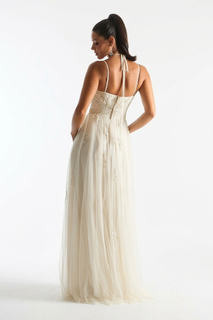 Draped Net Dress with Appliqués