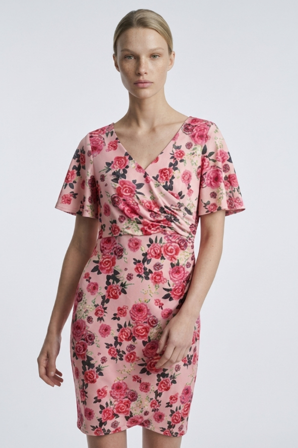 Rose print dress with flutter sleeve