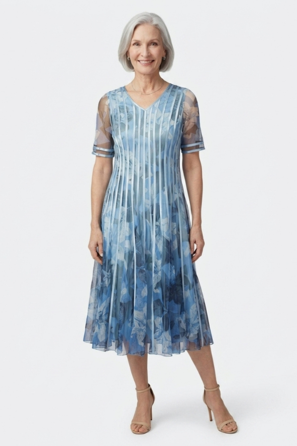 Blue Floral Pleat Midi Dress