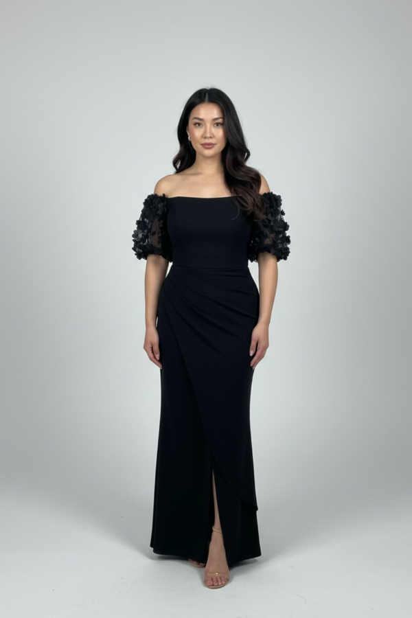 Off shoulder 3D flower sleeve dress