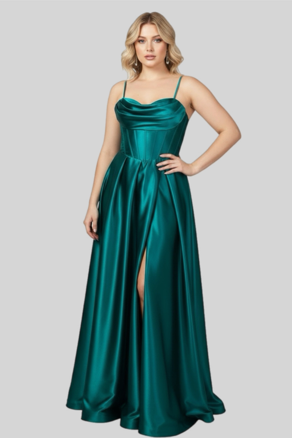 Satin cowl neck corset ball gown