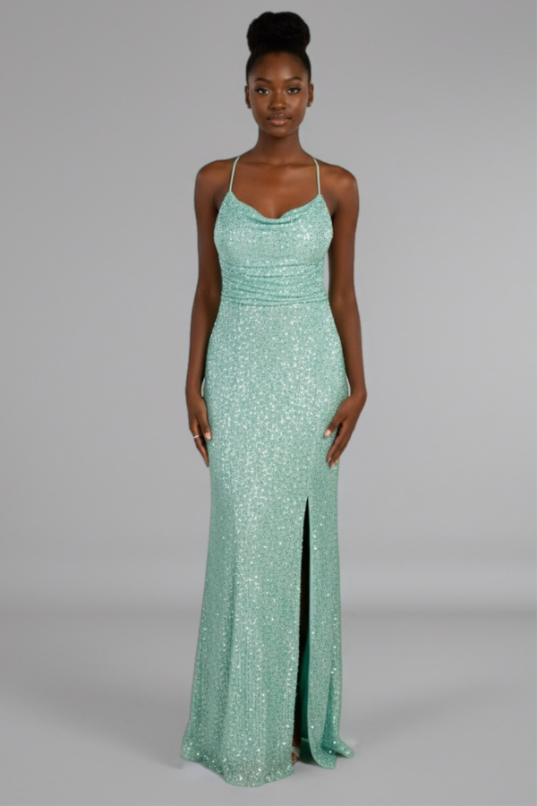 Sequin cowl neck gown