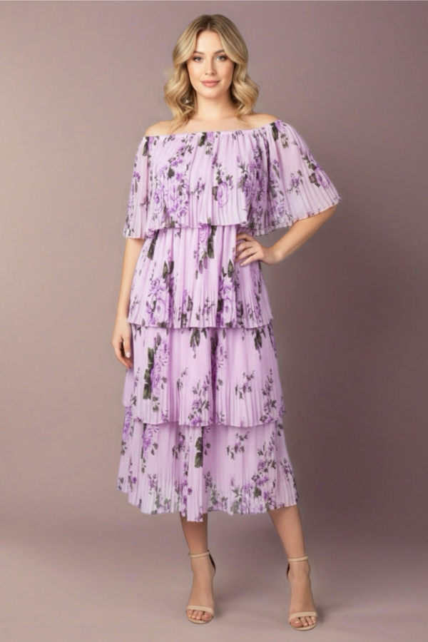 Purple floral print ruffle off shoulder midi
