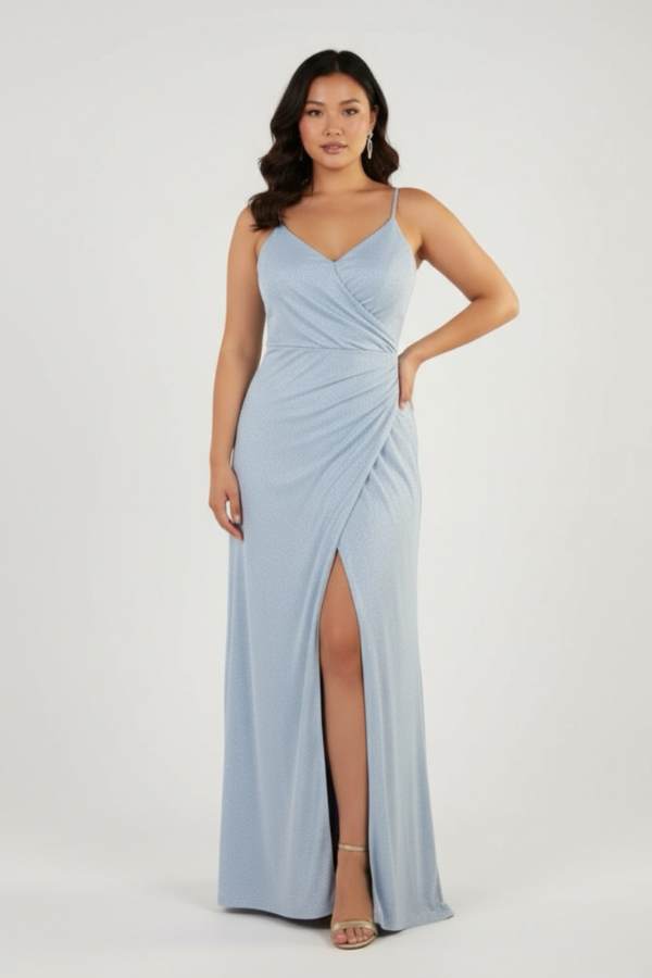 Glitter mock wrap V-neck gown