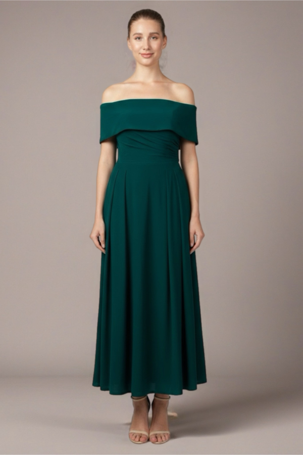 Off shoulder stretch crepe midi dress