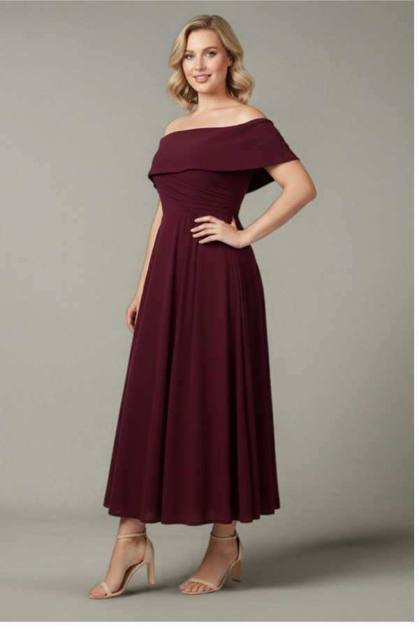 Off shoulder stretch crepe midi dress