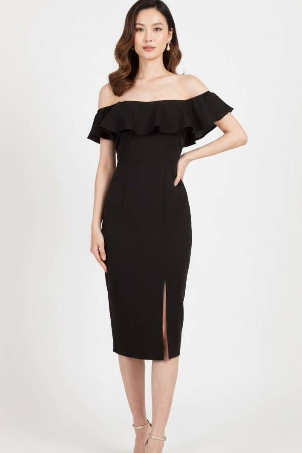 Off shoulder knee length dress
