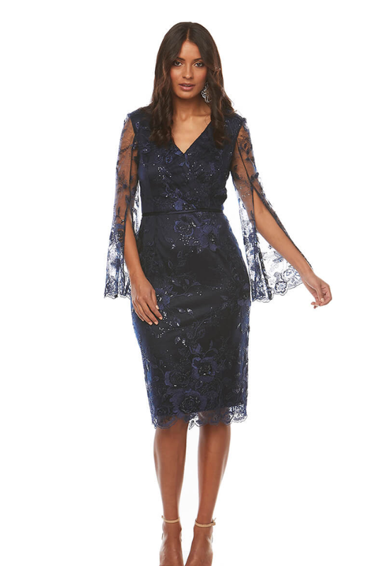 Navy lace sequin long sleeve dress