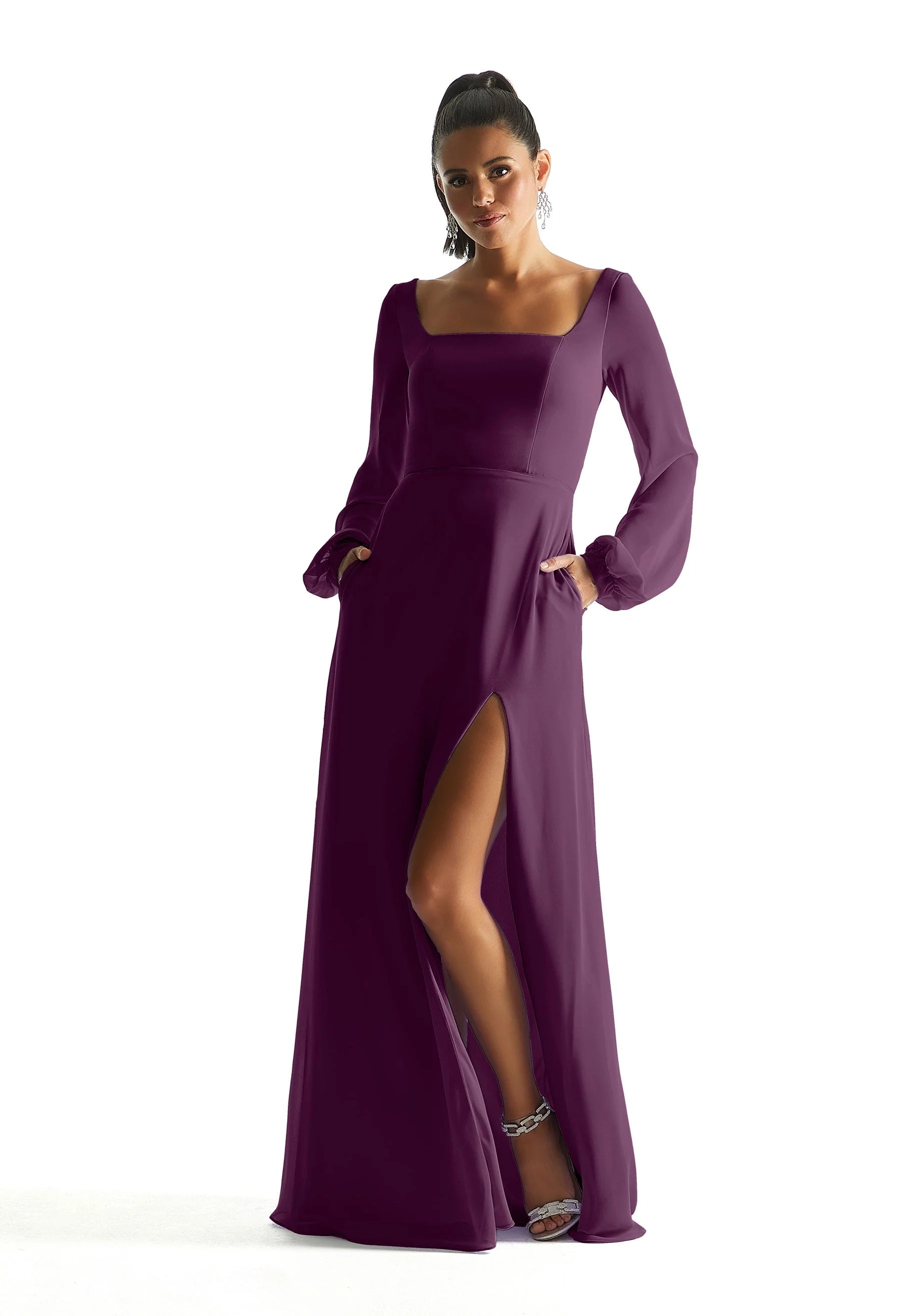 Square Neck Chiffon Bridesmaid Dress with Bow