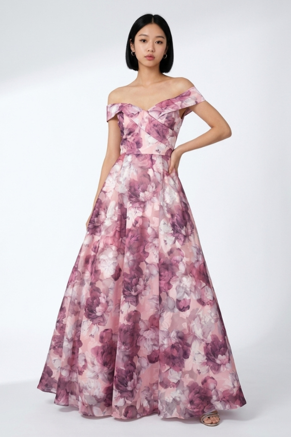 Pink Off Shoulder Floral Gown