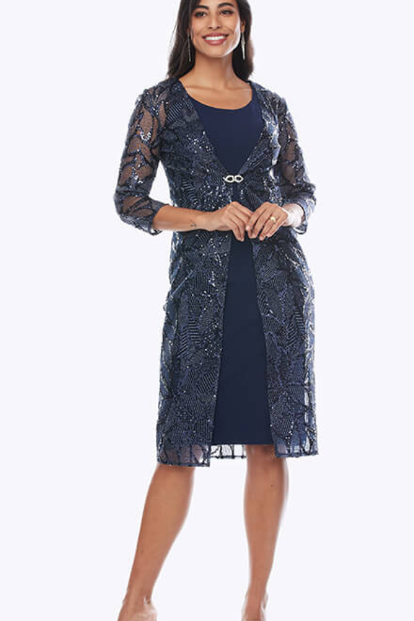 Short stretch jersey dress with sequin jacket