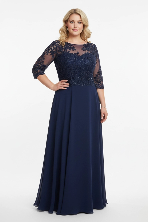 Navy lace chiffon gown