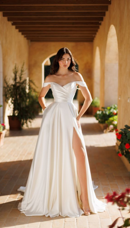Sophia satin off shoulder gown